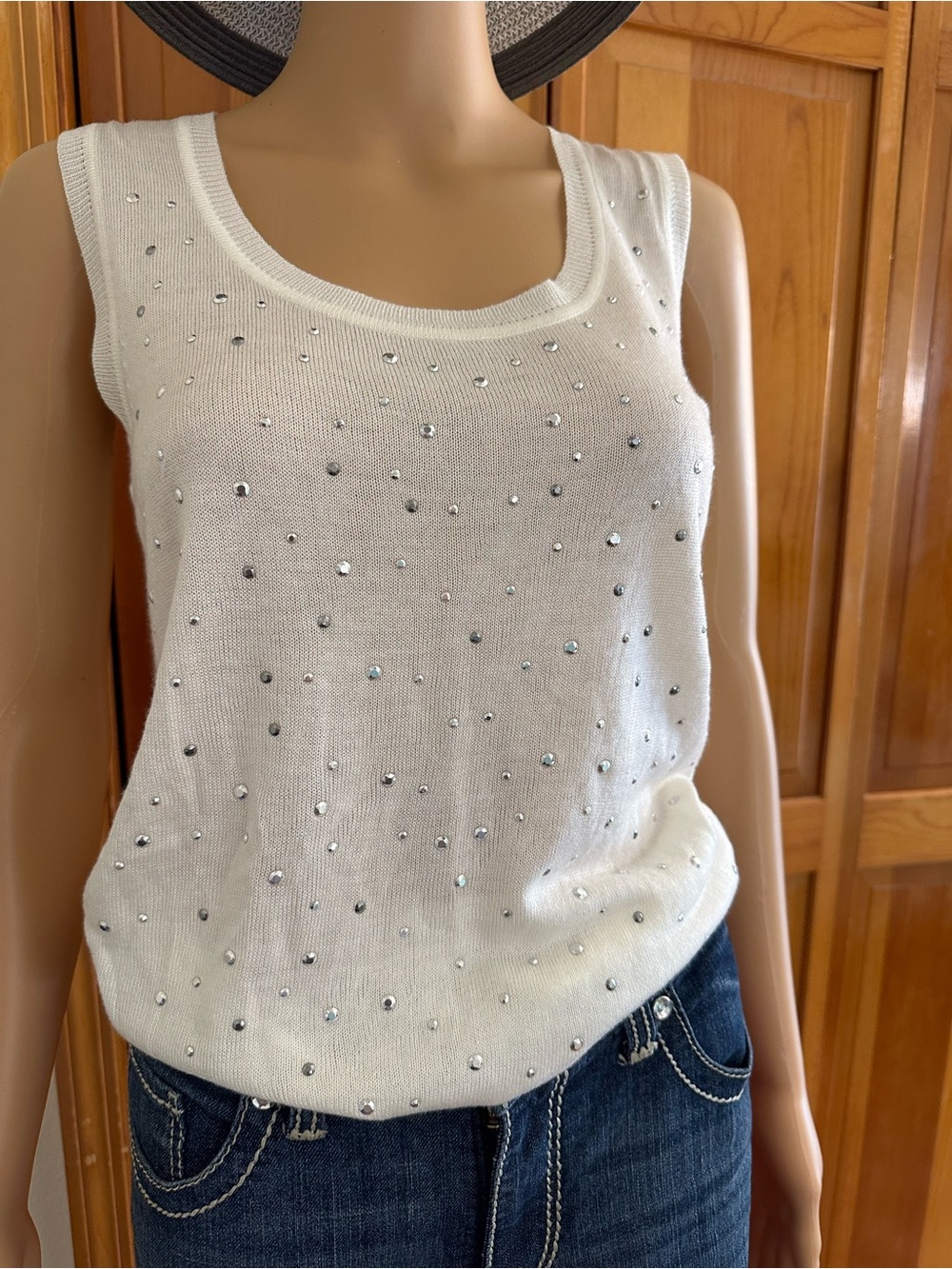 Nue Options White Sleeveless Tank with Rhinestone Accents